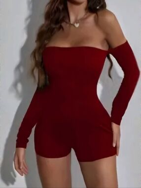 Bundle, Off-Shoulder Long Sleeve Wine Red Romper And Black